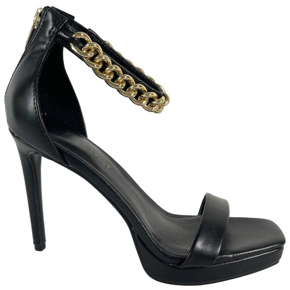 Nine West Shoes - NINE WEST D’Orsay Square Toe Gold Chain Ankle Strap Sz 6.5 Black/Gold